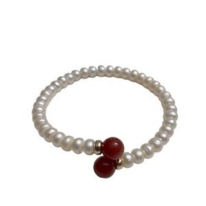 Genuine Pearls Bracelet with Carnelian Beads Tips Dainty Memory Wire One Size